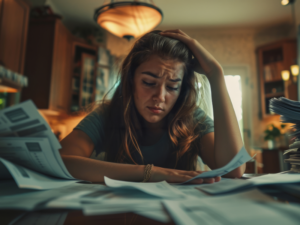 Woman looking stressed while sorting medical bills and paperwork after a job loss and insurance change.