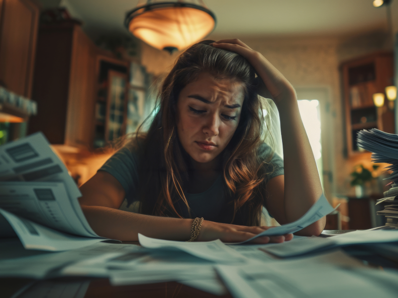 Woman looking stressed while sorting medical bills and paperwork after a job loss and insurance change.